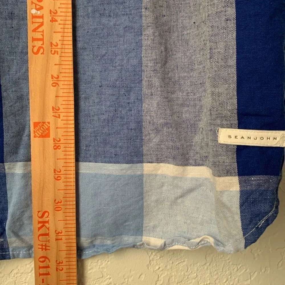 Sean John Blue White Casual Button Down Shirt Sort Sleeve Linen Cotton Size 2XL